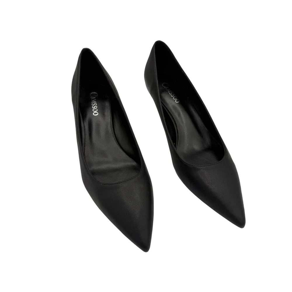 CAMSSOO Womens Black Pointed Toe Kitten Heel Pumps Size 39 Business Formal Shoes